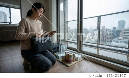 雨の日に自宅で防災グッズとポータブル電源を確認する日本人女性 雨の日に自宅で防災グッズとポータブル電源を確認する日本人女性 136421167
