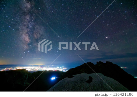 鳥海山と夏の天の川・庄内平野の街明かり 136421190