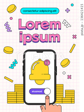 smartphone with notification bell and gold coins on grid background 136421415