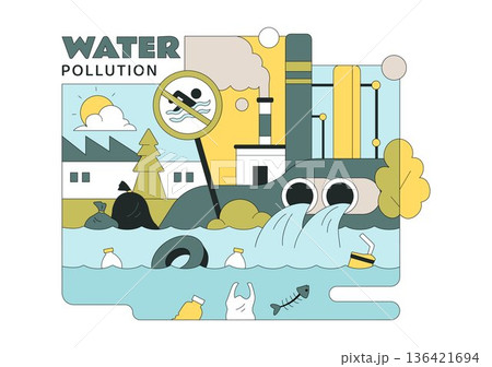Water Pollution Vector Illustration an Environmental Disaster Caused by Industrial Activity Featuring a Factory Releasing Smoke From Tall Chimneys 136421694