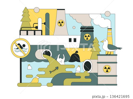 Water Pollution Vector Illustration an Environmental Disaster Caused by Industrial Activity Featuring a Factory Releasing Smoke From Tall Chimneys 136421695