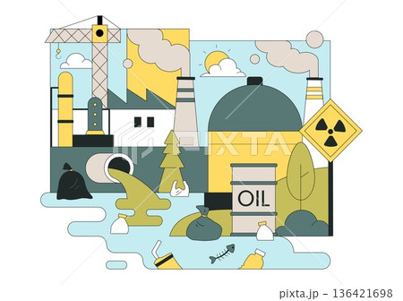 Water Pollution Vector Illustration an Environmental Disaster Caused by Industrial Activity Featuring a Factory Releasing Smoke From Tall Chimneys 136421698