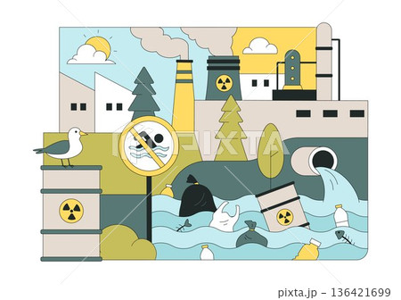 Water Pollution Vector Illustration an Environmental Disaster Caused by Industrial Activity Featuring a Factory Releasing Smoke From Tall Chimneys Water Pollution Vector Illustration an Environmental Disaster Caused by Industrial Activity Featuring a Factory Releasing Smoke From Tall Chimneys 136421699