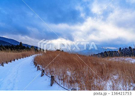 雪景色の曽爾高原 雲間から差し込む光の筋と鉛色の雲 雪景色の曽爾高原 雲間から差し込む光の筋と鉛色の雲 136421753