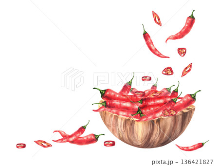 Red chili peppers in wooden bowl with sliced pieces and pods falling around. Hand painted watercolor realistic isolated illustration. Vibrant colours for culinary food packaging, menus, recipes, label 136421827