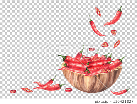 Red chili peppers in wooden bowl with sliced pieces and pods falling around. Hand painted watercolor realistic isolated illustration. Vibrant colours for culinary food packaging, menus, recipes, label 136421827