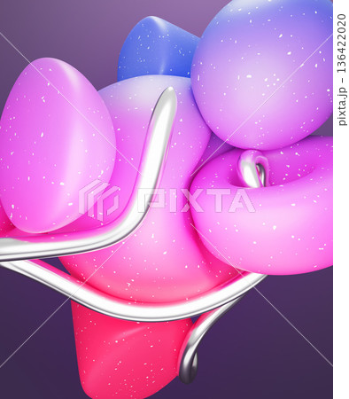 Creative 3D poster design with abstract geometric shapes and chrome liquid silver metal y2k curve line. Bold minimalist background with vibrant gradient and white paint splash texture. 3D illustration 136422020