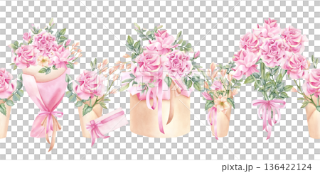 Flower bunch in gift box seamless border. Watercolor repeat rose bouquet in packaging, pink bow, craft paper. Floral festive wrap pack. Delicate isolated illustration for florists shop design. 136422124