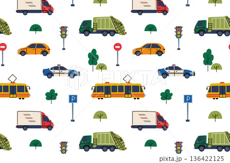 Cute seamless city transport pattern with cars, tram, police vehicle, garbage truck, delivery truck, trees and road signs. Flat cartoon vector illustration for kids design, traffic safety urban mood Cute seamless city transport pattern with cars, tram, police vehicle, garbage truck, delivery truck, trees and road signs. Flat cartoon vector illustration for kids design, traffic safety urban mood 136422125