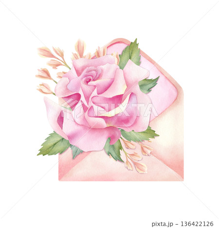 Pink flower inside open envelope, watercolor spring letter. Delicate Floral illustration with rose, freesia, leaves. Elegance botanical isolated hand painted art in pastel color. Message with love Pink flower inside open envelope, watercolor spring letter. Delicate Floral illustration with rose, freesia, leaves. Elegance botanical isolated hand painted art in pastel color. Message with love 136422126