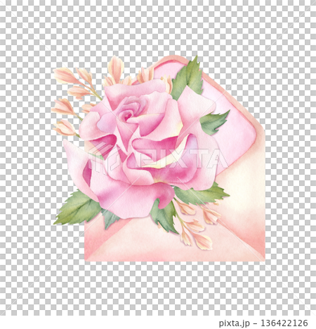 Pink flower inside open envelope, watercolor spring letter. Delicate Floral illustration with rose, freesia, leaves. Elegance botanical isolated hand painted art in pastel color. Message with love Pink flower inside open envelope, watercolor spring letter. Delicate Floral illustration with rose, freesia, leaves. Elegance botanical isolated hand painted art in pastel color. Message with love 136422126