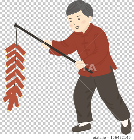 Cute illustration of a boy holding a string of red firecrackers for decoration during Chinese New Year. 136422149