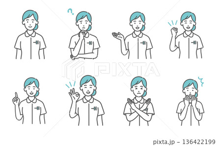 女性看護師の表情・ポーズ8点セット（笑顔・疑問・案内・NGなど） 136422199