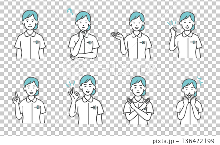 女性看護師の表情・ポーズ8点セット（笑顔・疑問・案内・NGなど） 136422199