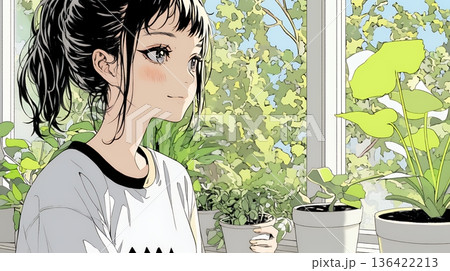 観葉植物の世話をする若い女性 136422213