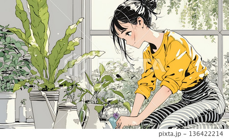観葉植物の世話をする若い女性
