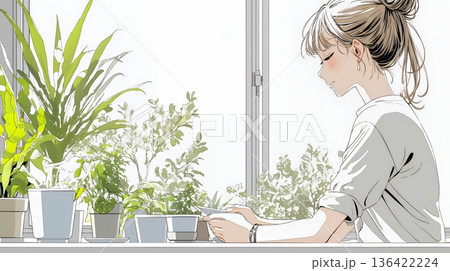観葉植物の世話をする若い女性 観葉植物の世話をする若い女性 136422224