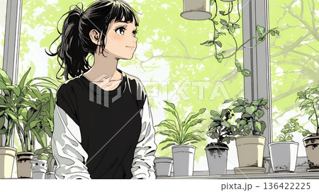 観葉植物の世話をする若い女性