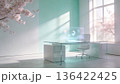 春の朝日が差し込むミニマルな未来オフィス｜ホログラムとコピースペース 136422425