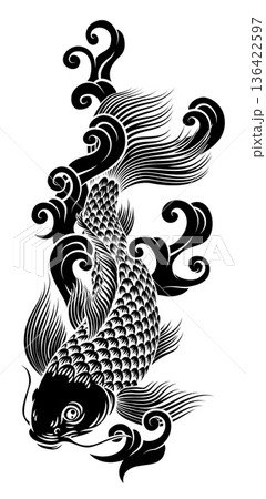 Koi Carp Fish Vintage Japanese Woodcut Style Art 136422597