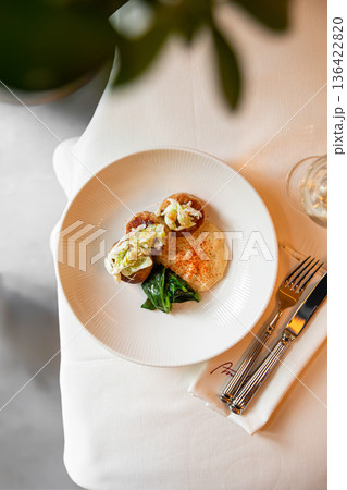 Chicken patties with potato mousse and greens Chicken patties with potato mousse and greens 136422820