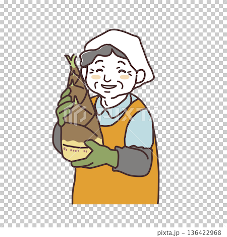A simple illustration of a smiling senior female producer holding bamboo shoots A simple illustration of a smiling senior female producer holding bamboo shoots 136422968