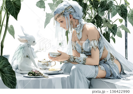 紅茶と語らうティータイムの妖精ファンタジーイラスト 136422990