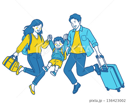 スーツケースを持って出かける家族旅行の親子イラスト 136423002