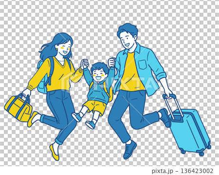 スーツケースを持って出かける家族旅行の親子イラスト 136423002