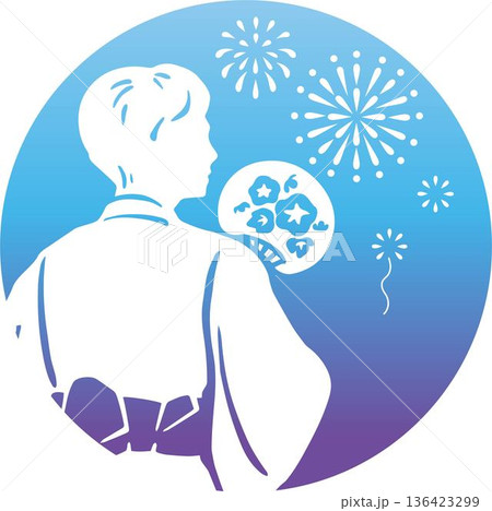 花火を見上げる浴衣姿の人物のイラスト。夏の夜、お祭り、日本の風物詩、打ち上げ花火、うちわ、和風モダン 136423299