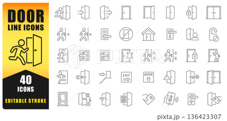Door Line Icon Set Featuring Entry, Exit, Security, Access Control, And Emergency Symbols. Perfect For Web, Apps, Signage, Architecture, And Safety Design Projects. Isolated Vector Icons. 136423307
