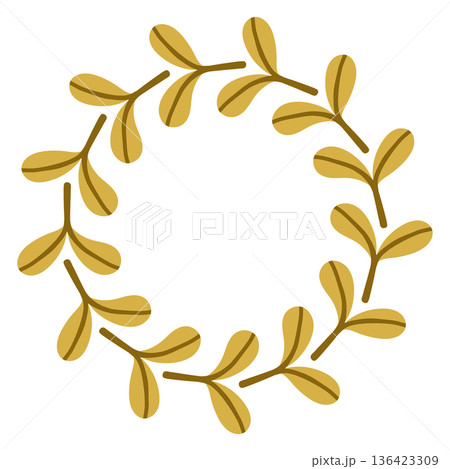 Minimal vector circular wreath made of golden green leaves. Flat botanical frame isolated on white background for autumn design, branding, invitations, logos, posters, packaging, elegant templates 136423309