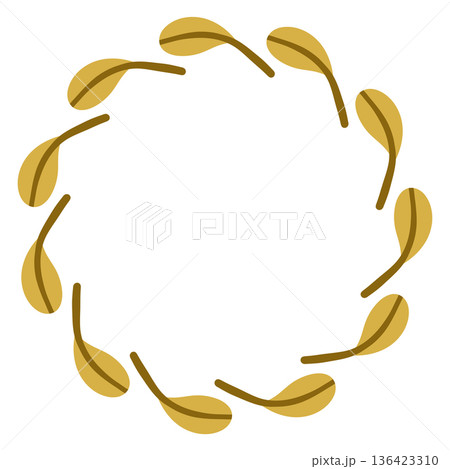 Minimal vector circular wreath made of golden green leaves. Flat botanical frame isolated on white background for autumn design, branding, invitations, logos, posters, packaging, elegant templates 136423310