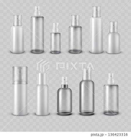 Realistic White and Transparent Spray Bottle Mockup Set. Vector Cosmetic Glass and Plastic Container Collection with Caps. 136423316