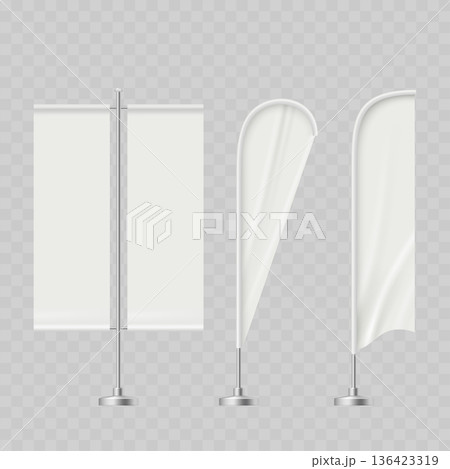 Realistic White Advertising Flag Mockup Set. Vector Feather, Teardrop and Rectangular Beach Banner Templates on Metal Stands. Realistic White Advertising Flag Mockup Set. Vector Feather, Teardrop and Rectangular Beach Banner Templates on Metal Stands. 136423319