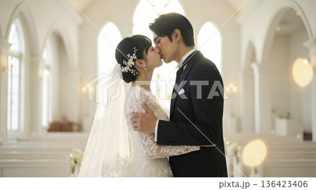 チャペルで誓いのキスをしているウェディング姿の日本人新郎新婦の横顔 136423406