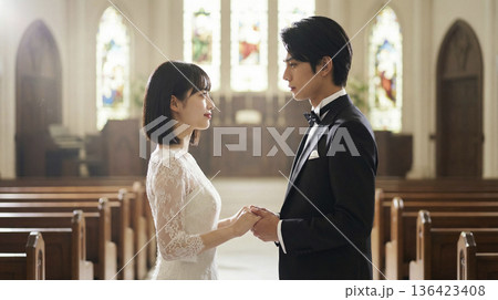 チャペルで手を取り合い見つめ合うウェディング姿の日本人新郎新婦の横顔 136423408