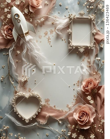 ロケットと薔薇のエレガントフレーム背景素材 くすみピンクの春カードデザイン ロケットと薔薇のエレガントフレーム背景素材 くすみピンクの春カードデザイン 136423469