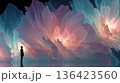 巨大な幻想の花と小さな人物が対比する神秘的で壮大なファンタジー世界イメージ 136423560