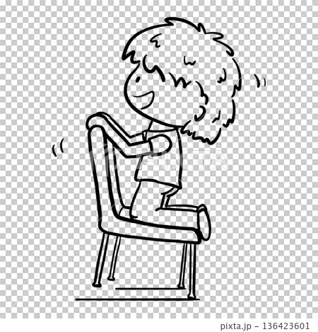 Boy kneeling and shaking the chair happily cartoon outline illustration 136423601
