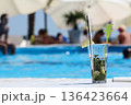 Mojito cocktail against the backdrop of a blue pool on vacation, beach drinks, summer alcoholic cocktail mojito with ice, fresh mint and lime on table in cafe 136423664
