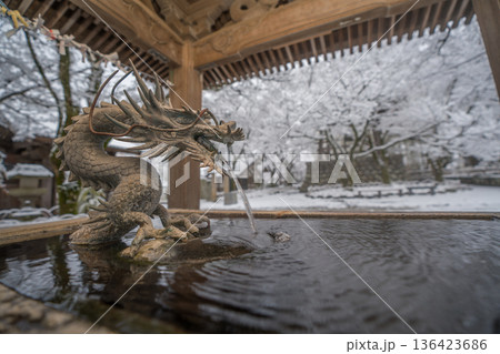 雪降る冬の修善寺　温泉の手水 136423686