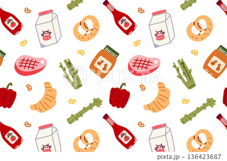 Cute seamless city transport pattern with cars, tram, police vehicle, garbage truck, delivery truck, trees and road signs. Flat cartoon vector illustration for kids design, traffic safety urban mood 136423687