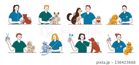 Pet care specialists set with veterinarians and groomer in daily work scenes. Flat cartoon vector illustration about animal health services, treatment, grooming and nutrition support for cats and dogs Pet care specialists set with veterinarians and groomer in daily work scenes. Flat cartoon vector illustration about animal health services, treatment, grooming and nutrition support for cats and dogs 136423688