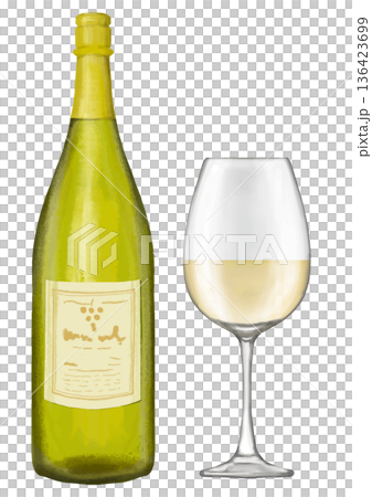 一杯白葡萄酒和一瓶葡萄酒。逼真插圖 一杯白葡萄酒和一瓶葡萄酒。逼真插圖 136423699