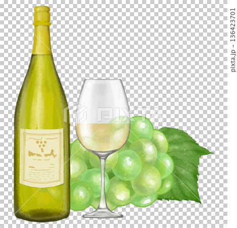 White wine (grapes, wine bottle and wine glass). Realistic illustration White wine (grapes, wine bottle and wine glass). Realistic illustration 136423701