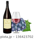 赤ワイン(葡萄とワインボトルとワイングラス)。リアルタッチなイラスト 136423702
