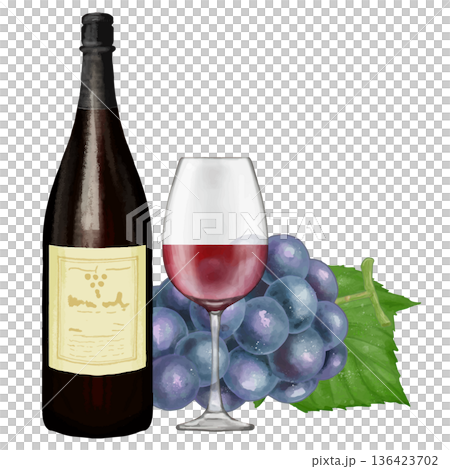 紅酒(葡萄、酒瓶和酒杯)。逼真插圖 紅酒(葡萄、酒瓶和酒杯)。逼真插圖 136423702