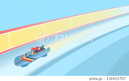 Bobsleigh - two athletes racing down icy track in aerodynamic sled. Bobsleigh - two athletes racing down icy track in aerodynamic sled. 136423707