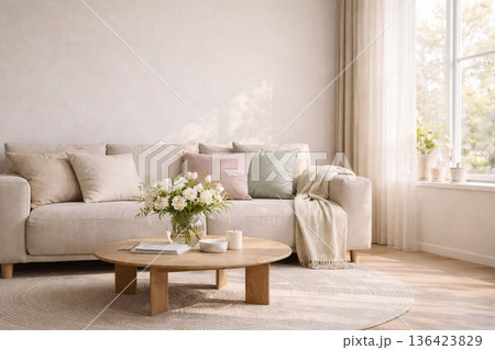 春のリビング インテリア 背景 白い花 ナチュラル 明るい自然光 136423829